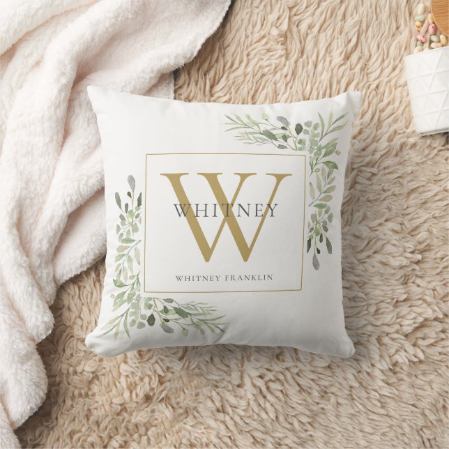 Modern Greenery Chic Gold Monogram Throw Pillow (Blanket)