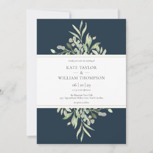 Modern Greenery Deep Sea Blue Wedding Invitation