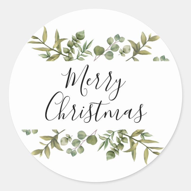 Modern Greenery Elegant Script Merry Christmas Classic Round Sticker (Front)