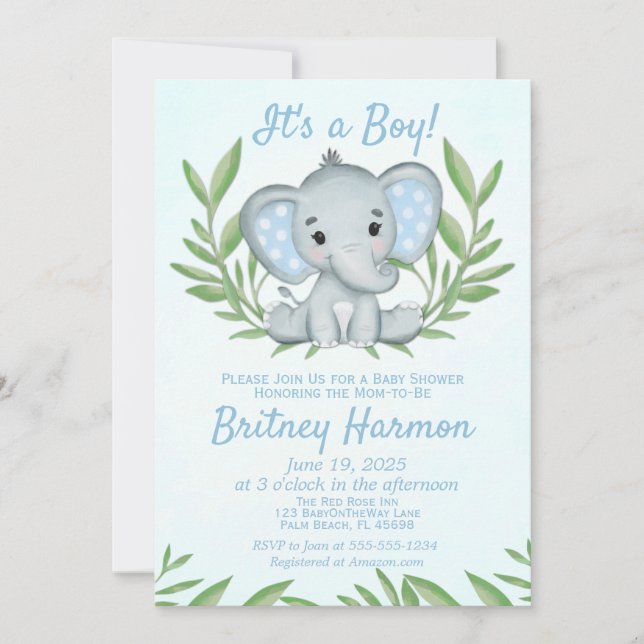 Modern Greenery Elephant Boy Baby Shower Invitation (Front)