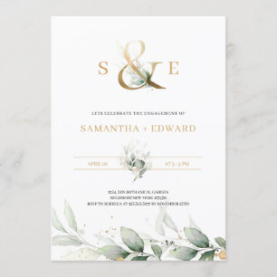 Modern greenery eucalyptus gold monogram engage invitation