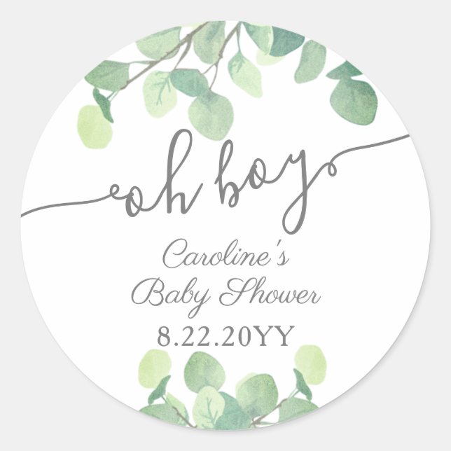 Modern Greenery Eucalyptus Oh Boy Baby Shower Classic Round Sticker (Front)
