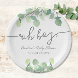 Modern Greenery Eucalyptus Oh Boy Baby Shower Paper Plate
