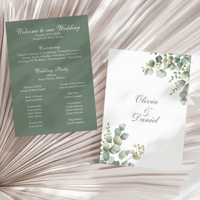Modern Greenery Eucalyptus Wedding Program (Modern Greenery Eucalyptus Wedding Program on a sunny neutral dry palm leaf.)