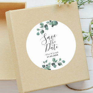 Modern Greenery Eucalyptus Wedding Save The Date Classic Round Sticker