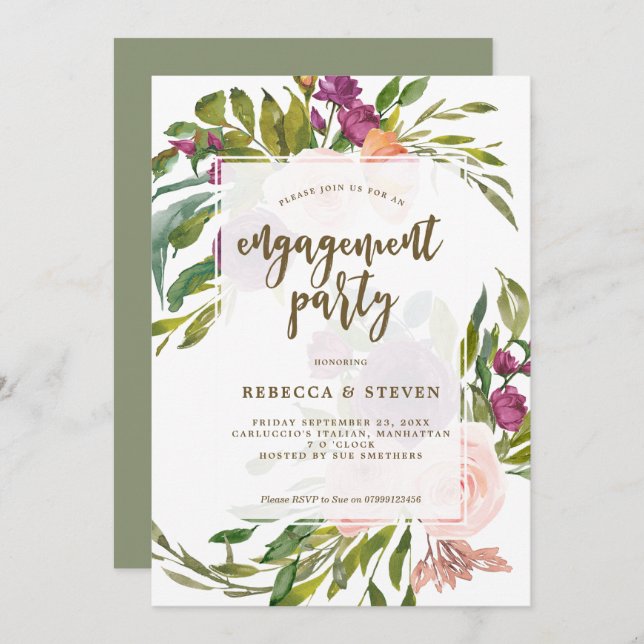 modern greenery floral engagement party invitation (Front/Back)