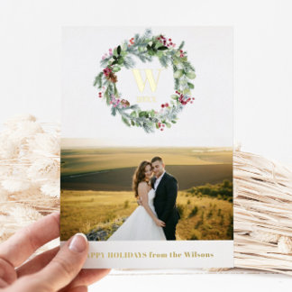Modern Greenery Floral Wreath | Monogram 1 Photo Foil Holiday Card