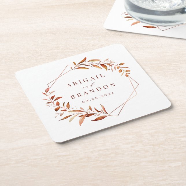 Modern Greenery Geometric Fall Rustic Wedding Square Paper Coaster (Angled)