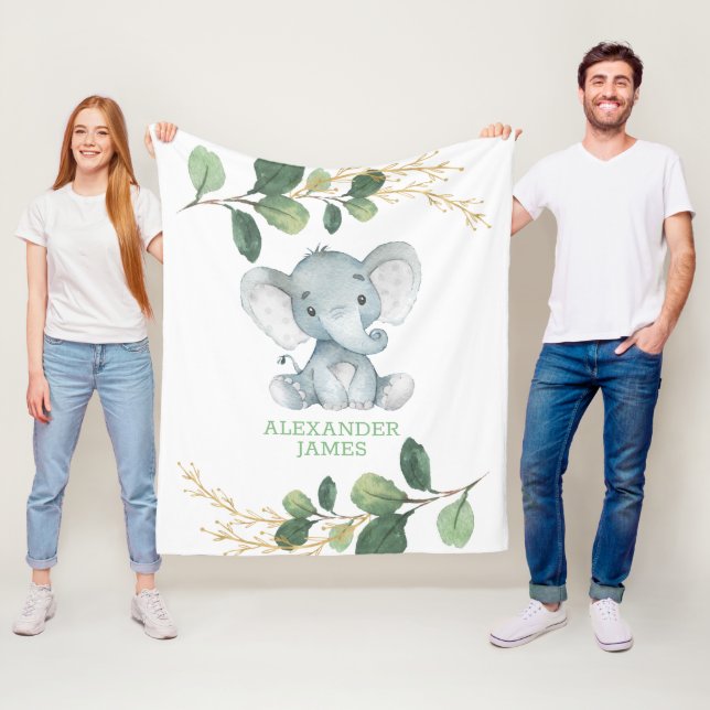 Modern Greenery Gold Baby Elephant Boy Nursery Fleece Blanket (In Situ)