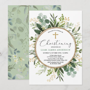 Modern Greenery Gold Botanical Leaves Christening Invitation