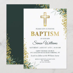 Modern Greenery Gold Cross Glitter Baptism Invitation