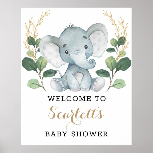 Modern Greenery Gold Elephant Baby Shower Welcome Poster (Front)