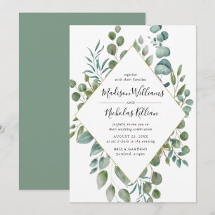Modern Greenery   Gold Geometric Frame Wedding Invitation