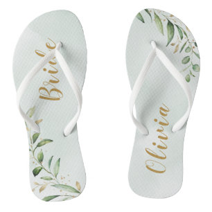 Modern Greenery Gold Geometric Personalized bride Flip Flops