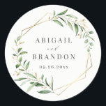 Modern Greenery Gold Geometric Rustic Wedding Classic Round Sticker<br><div class="desc">Rustic watercolor botanical foliage greenery design and faux gold foil leaves and geometric frame,  with couple's names and wedding date,  simple and elegant,  great for summer rustic wedding,  spring botanical garden wedding. 
See all the matching pieces in collection</div>