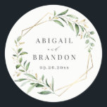 Modern Greenery Gold Geometric Rustic Wedding Classic Round Sticker<br><div class="desc">Rustic watercolor botanical foliage greenery design and faux gold foil leaves and geometric frame,  with couple's names and wedding date,  simple and elegant,  great for summer rustic wedding,  spring botanical garden wedding. 
See all the matching pieces in collection</div>