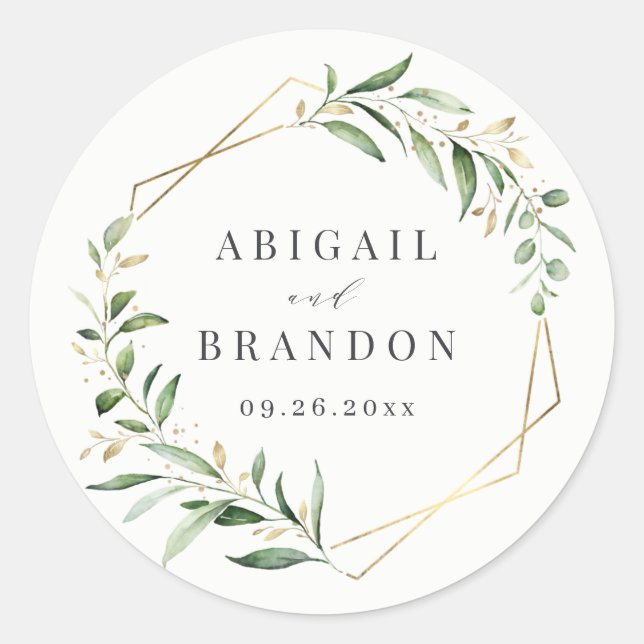Modern Greenery Gold Geometric Rustic Wedding Classic Round Sticker (Front)