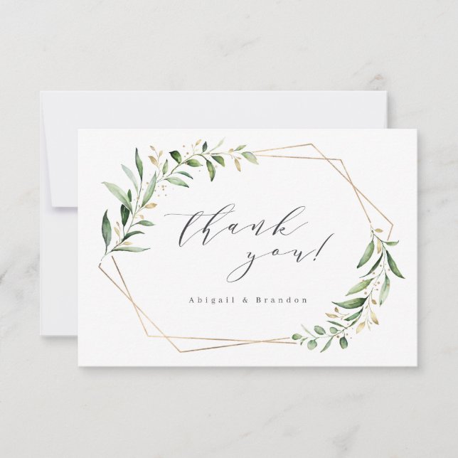 Modern Greenery Gold Geometric Rustic Wedding Thank You Card (Front)
