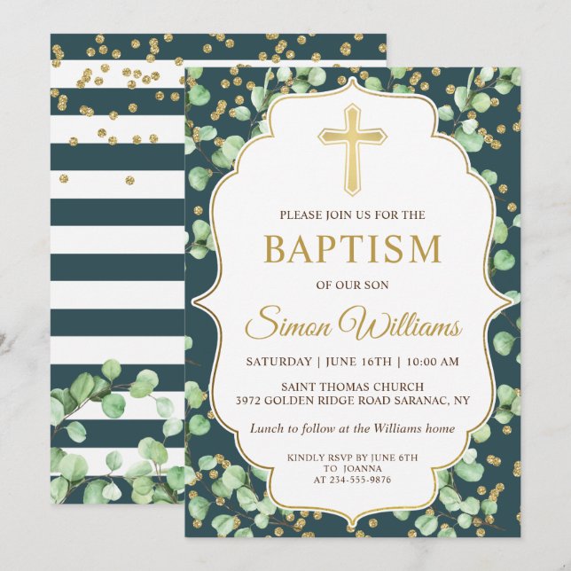 Modern Greenery Gold Glitter Baptism Invitation (Front/Back)