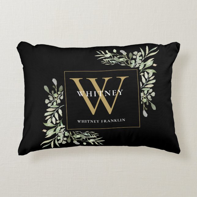 Modern Greenery Gold Initial Monogram Black Accent Pillow (Front)