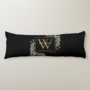 Modern Greenery Gold Monogram Black Body Pillow