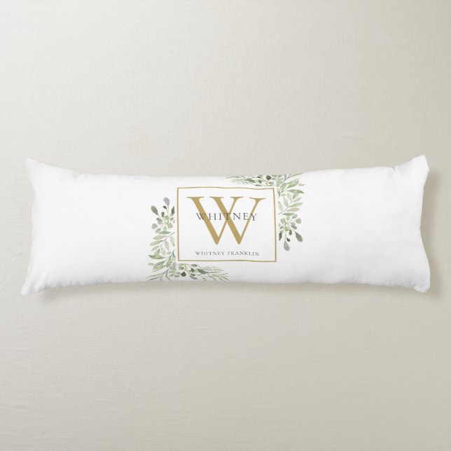 Modern Greenery Gold Monogram Body Pillow (Front)