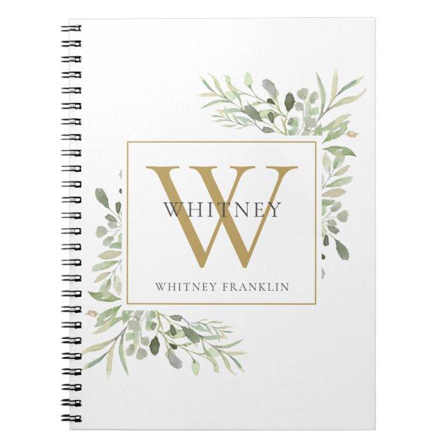 Modern Greenery Gold Monogram Name Notebook (Front)