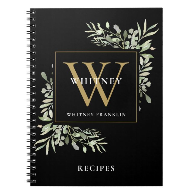 Modern Greenery Gold Monogram Name Recipe Cookbook Notebook (Front)