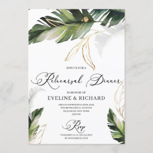 Modern greenery gold tropical leaves rehearsal invitation