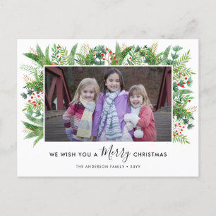 Modern Greenery Holly Pines Merry Christmas Photo Holiday Postcard