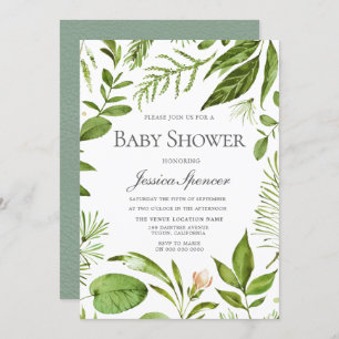 Modern Greenery Leaf Wreath Baby Shower Invite