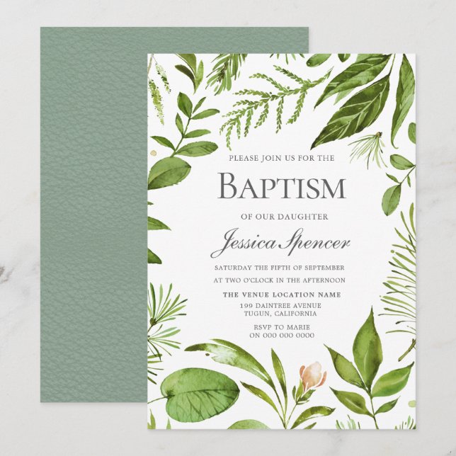 Modern Greenery Leaf Wreath Baptism Invite (Front/Back)