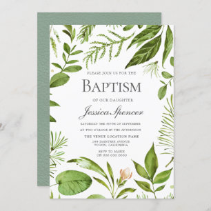 Modern Greenery Leaf Wreath Baptism Invite