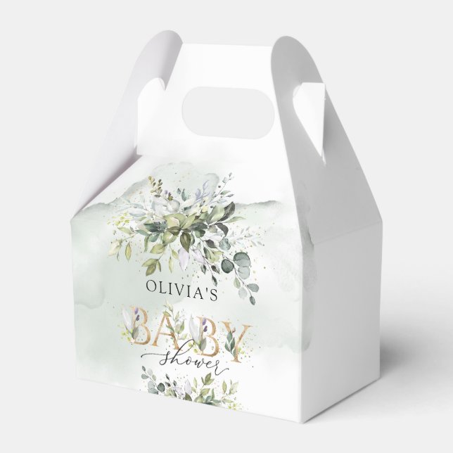 Modern greenery leafy gold letters baby shower favor box (Front Side)