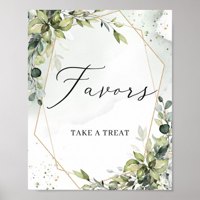 Modern greenery leaves gold geometric favours sign (Front)