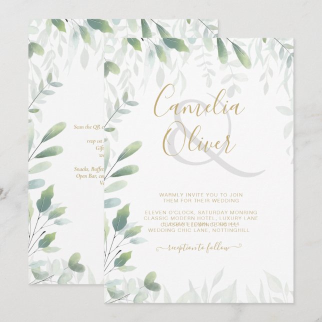 Modern Greenery Leaves Gold Wedding QR Code RSVP Invitation (Front/Back)