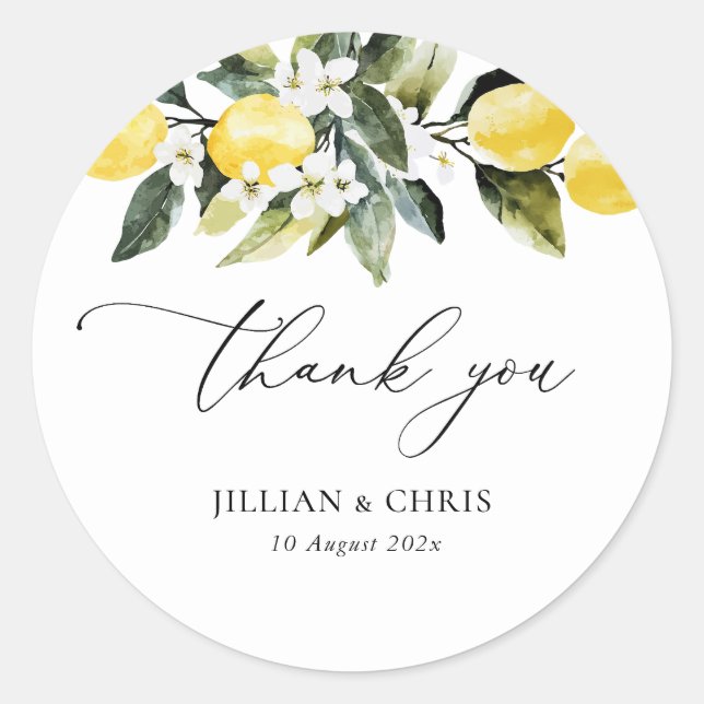 Modern Greenery Lemon Floral Wedding Thank You Classic Round Sticker (Front)