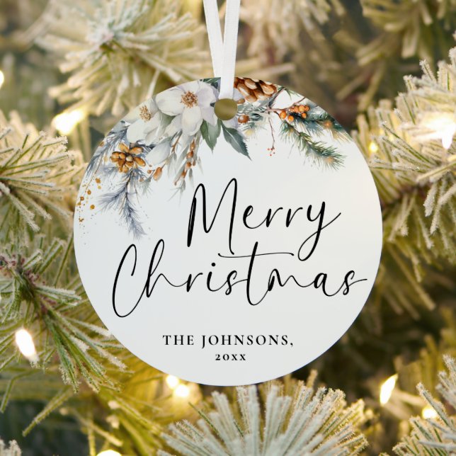 Modern Greenery Merry Christmas Family Photo Metal Ornament (Insitu)