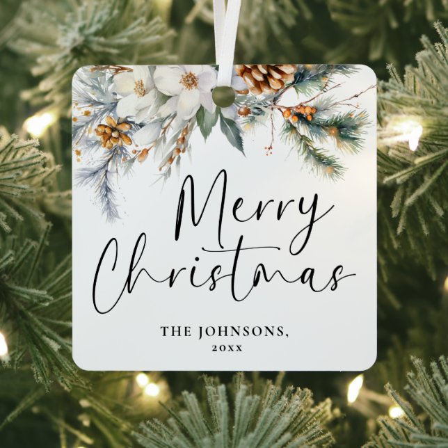 Modern Greenery Merry Christmas Family Photo Metal Ornament (Insitu)