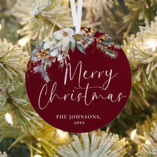 Modern Greenery Merry Christmas Family Photo Red Metal Ornament