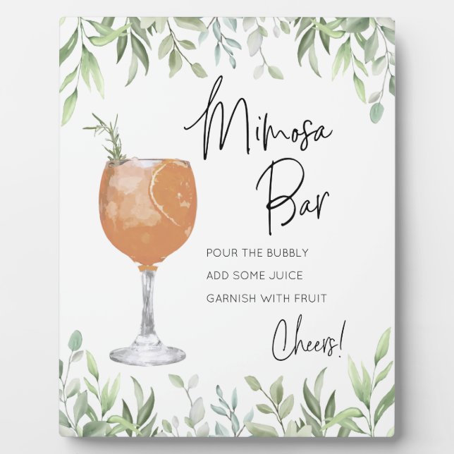Modern Greenery Mimosa Bridal Shower Bar Sign Plaque (Front)