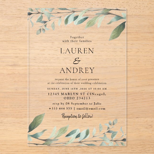 Modern Greenery Minimalist Wedding Acrylic Invitations (Front)