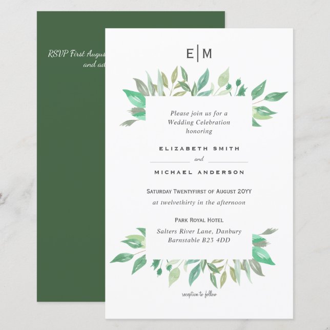 Modern Greenery Monogram Budget Wedding Invites A9 (Front/Back)