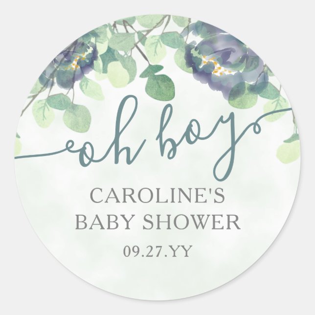 Modern Greenery Oh Boy Blue Floral Baby Shower Classic Round Sticker (Front)