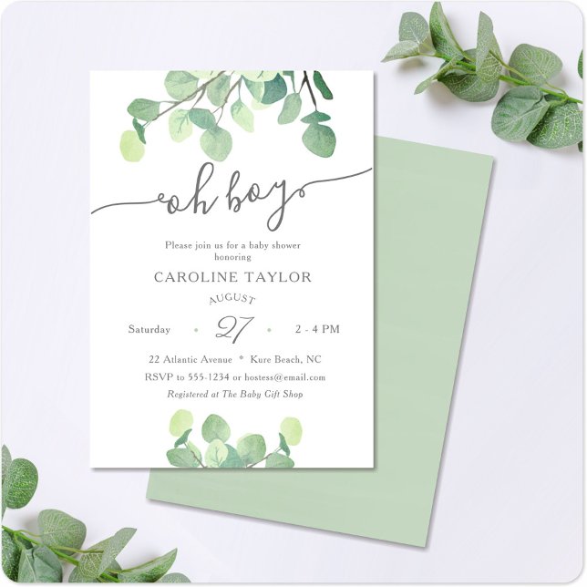 Modern Greenery Oh Boy Simple Baby Shower Invitation (Creator Uploaded)