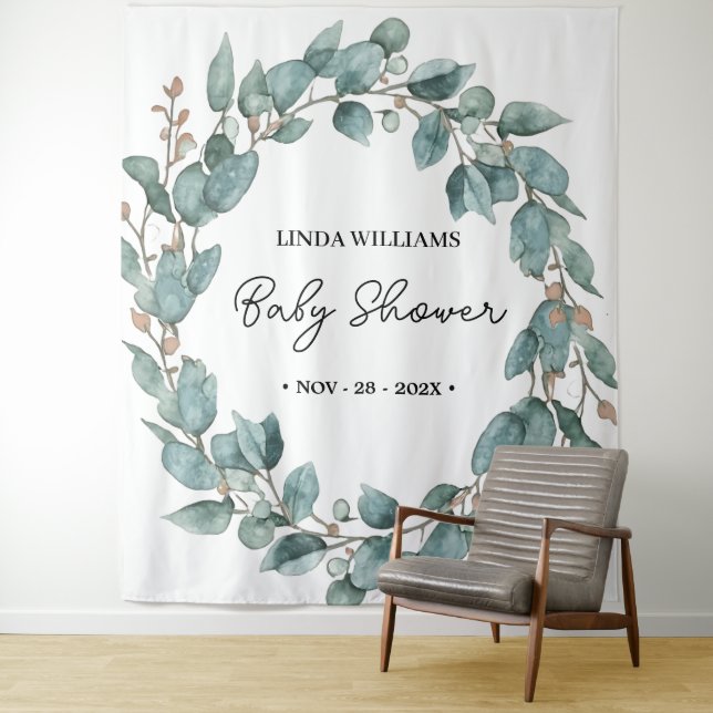 Modern Greenery Photo Backdrop | Baby Shower Decor Tapestry (In Situ)