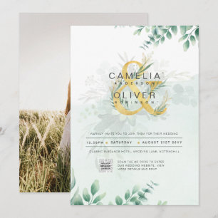 Modern Greenery PHOTO Wedding Invitation QR CODE