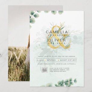 Modern Greenery PHOTO Wedding Invitation QR CODE