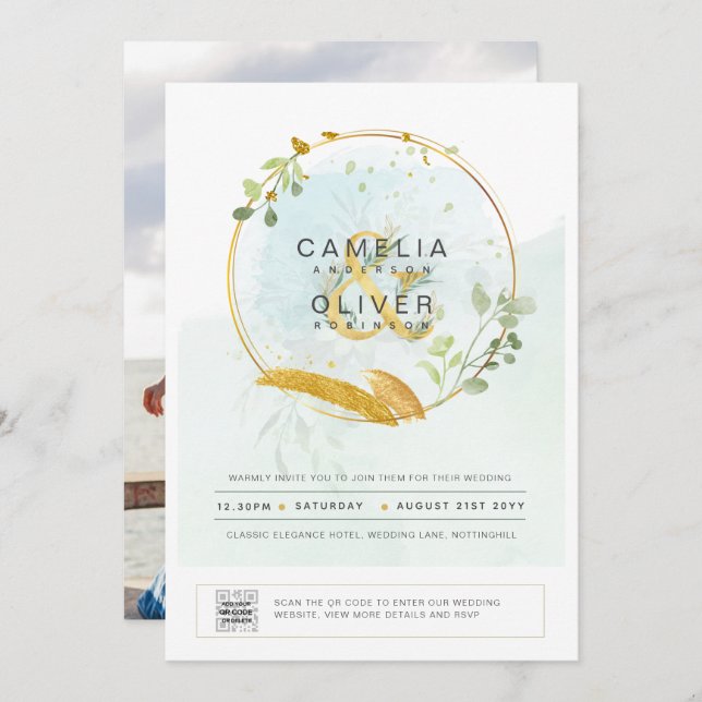 Modern Greenery PHOTO Wedding Invitation QR CODE (Front/Back)