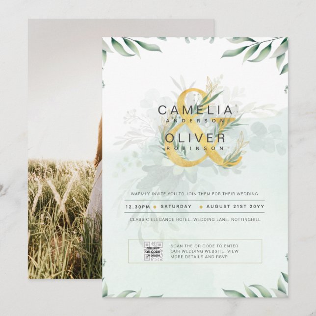 Modern Greenery PHOTO Wedding Invitation QR CODE (Front/Back)